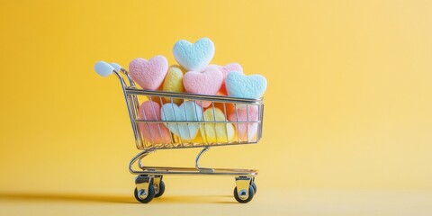 Poster - A supermarket toy cart loaded with heart-shaped marshmallows. Yellow backdrop. The theme of love and Valentine's Day. Copyspace.