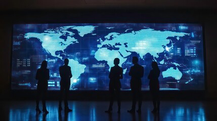Poster - silhouettes of business people looking at a large screen displaying a world map with data, represent