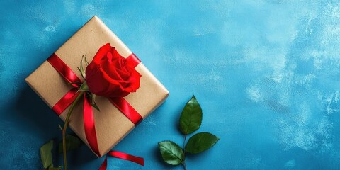 Poster - A red rose and a ribboned gift box are on a table with a blue background. This is a high angle view. Flat lay. Copy space available for text.