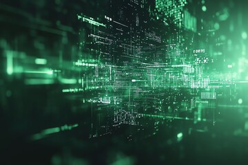 Fototapete - Abstract green digital data stream flowing through a futuristic cyberspace.