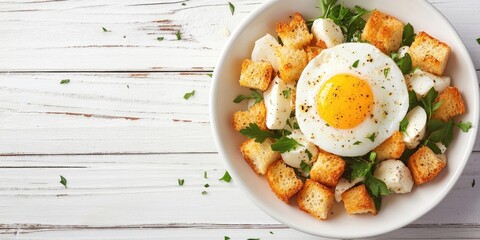 Poster - Nutritious meal. English breakfast featuring a boiled egg and croutons on a white wooden background.