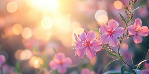 Leinwandbilder - Pink oleander flowers in the park with bokeh effects in the sunset light. Background, copy space.