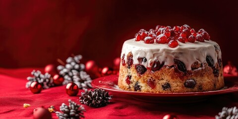 Poster - Fruit cake on a plate set against a red tablecloth background