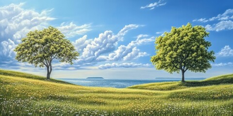 Poster - Spring view of a picturesque landscape featuring a green meadow and two trees under a sunny blue sky with clouds along the Atlantic coast.