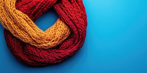 Poster - Double-colored, handmade wool scarf set against a blue background with copy space.