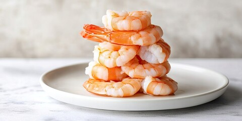 Poster - A stack of frozen shrimp on a white plate against a white backdrop. Copy space.