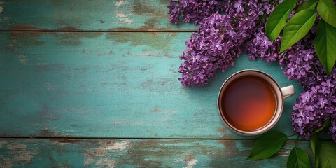 Poster - Spring lilac flowers and leaves, a mug of tea on a wooden surface. Decorative frame, copyspace, top view.