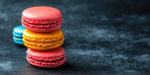 Poster - Macaron or macaroon cake, vibrant cookies (dark background). copy space