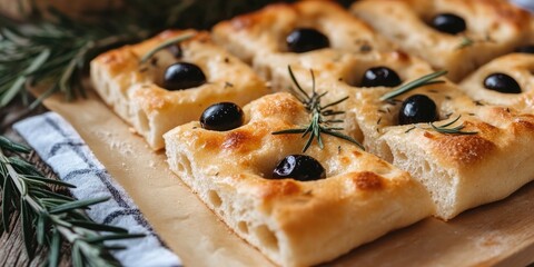 Poster - Classic Italian Focaccia topped with black olives and rosemary - homemade flatbread focaccia.