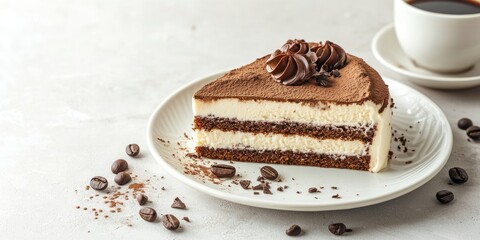 Aufkleber - Slice of semifreddo cake, a delectable chocolate dessert on a white plate with a cup of coffee, set against a light gray background with copyspace.