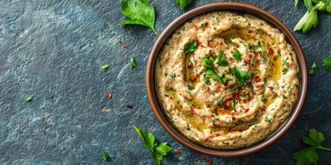 Aufkleber - Baba ganoush (roasted eggplant dip) in a bowl on a blue stone background with free text space. Close-up view.