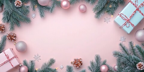Leinwandbilder - Christmas arrangement featuring decorations, fir tree branches with ornaments, and gift boxes. Greeting card. Flat lay, top view, copyspace.