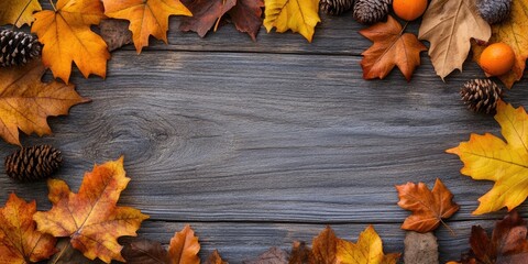 Poster - Thanksgiving day, autumn leaves backdrop and text, on various rustic wooden surfaces.