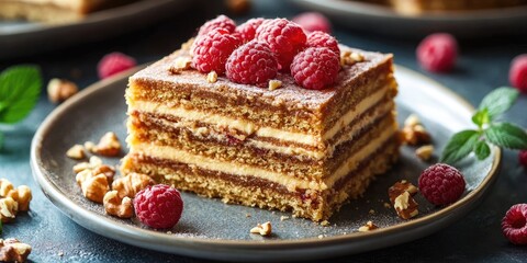 Aufkleber - Closeup of pieces of delicious layered honey cake topped with nuts and raspberries on a plate.