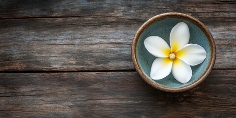 Poster - Camphor in a bowl and a plumeria flower on aged wood, spa ingredient, with copy space.