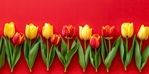 Poster - Border of yellow and red tulips on a vibrant red background. Attractive greeting card. Holiday theme. Copy space for text, top view.