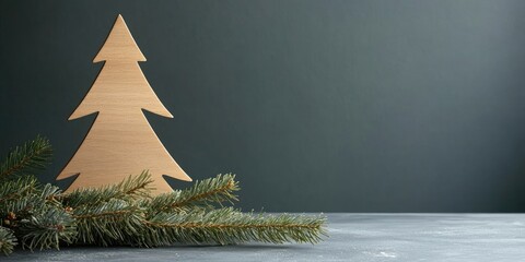 Poster - Spruce branch alongside a wooden Christmas tree on a grey background, copy space