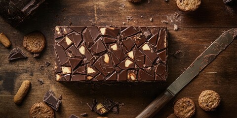 Poster - Mosaic Chocolate and Biscuit Cake with a knife placed on a wooden surface.
