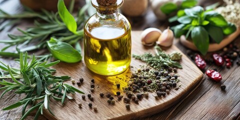 Poster - Oil, herbs, and spices on a wooden surface, close up.