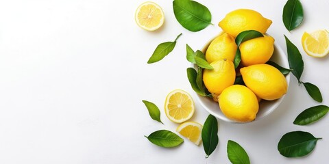 Poster - Ripe lemons in a bowl with leaves against a white background. Copy space, top view.