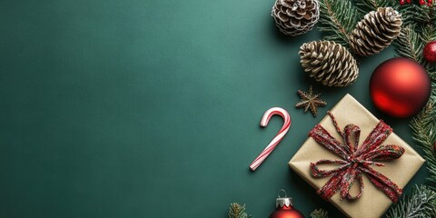 Leinwandbilder - Top view of the Christmas and New Year holidays theme featuring pine cones, a gift box, candy cane, Christmas ball, and festive decorations on a green paper background with copy space.