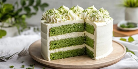 Poster - Pandan Layer cake filled with custard and topped with buttercream frosting.