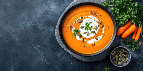Aufkleber - Vegetarian pumpkin and carrot cream soup garnished with cream and pumpkin seeds on a stone tabletop. A cozy, healthy slow food idea for fall and winter. Top view. Copy space.