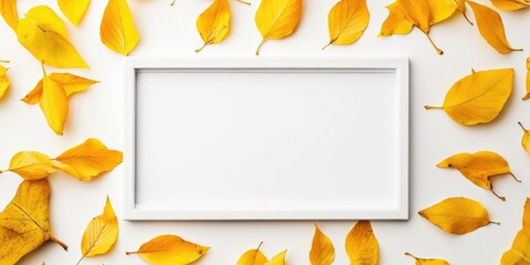 Aufkleber - White photo frame with yellow leaves on a white background. Autumn arrangement. Thanksgiving Day or fall concept. Flat lay, top view, copyspace.