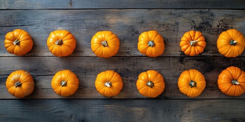 Poster - Orange pumpkins on a wooden background, flat lay arrangement with room for text. Fall celebrations.
