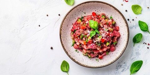 Poster - Beef steak tartare on a light background. Concept of French cuisine. Top view, flat lay, copyspace.