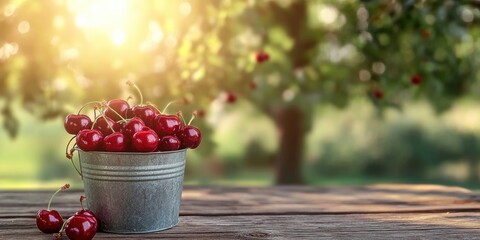 Poster - Ripe cherries in a bucket on a wooden table with a tree in the background. Fresh summer fruits.