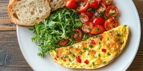 Poster - Breakfast with an omelette, vegetables, and bread.