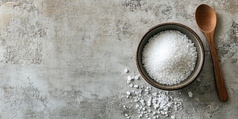 Aufkleber - Bowl and spoon containing sea salt on a lightly textured table, viewed from above. Banner layout with room for text.
