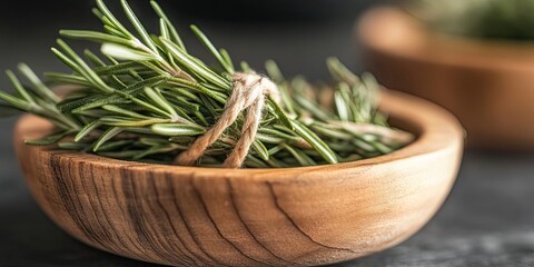 Poster - Close-up of tied rosemary in a wooden dish.