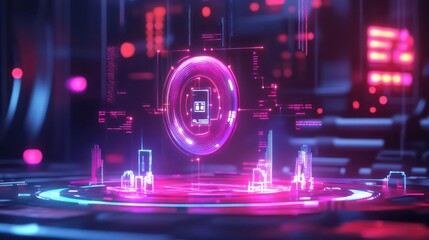 Poster - A futuristic holographic display with a glowing circle in the center and a futuristic city in the background.