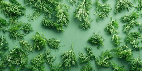 Poster - Fresh dill branches scattered on a green background. Essential herbs for a healthy diet.