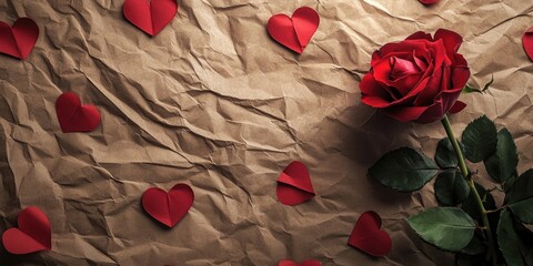 Wall Mural - Red rose and red paper heart shapes on a brown crumpled paper background, top view. Valentine's Day holiday concept. Copyspace.