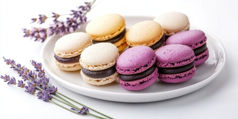 Poster - Macarons on a white plate with lavender set against a white background. Arranged vertically.
