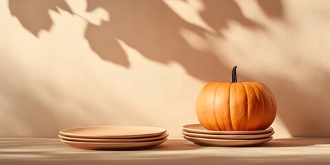 Poster - a complete pumpkin set against a backdrop of beige plates and a beige background featuring shadows