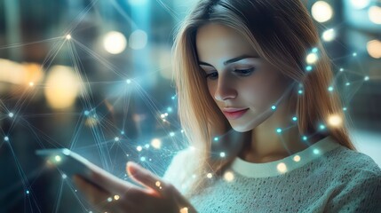 Poster - A young woman using her smartphone with a glowing network of connections in the background.