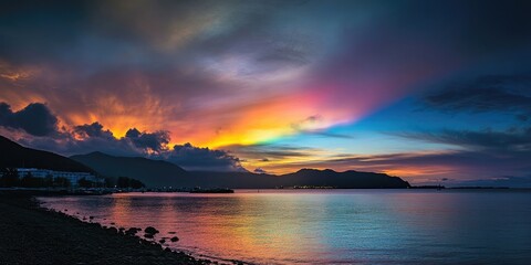 Poster - The beauty of the rainbow clouds above the dark clouds in the evening.