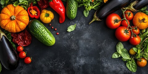 Poster - Fresh vegetables on a vintage black table, including chili, cucumber, eggplant, pumpkin, tomatoes, and fiber. Concept of vegan or diet food. Top view.