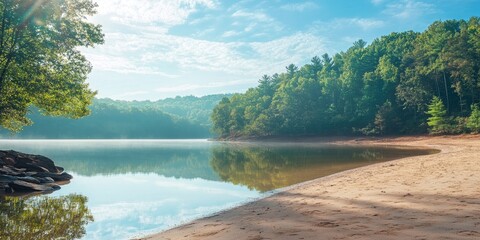 Poster - A rural Indian river lake features an empty beach alongside forested hills with trees, sandy areas, rocks, stones, and reflections on the water, providing copy space.