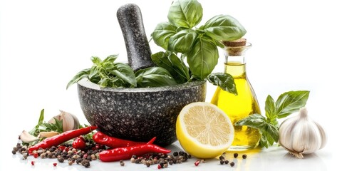 Poster - Fresh garden basil herbs in a mortar with olive oil, garlic, red hot chili peppers, and lemon set against a white background.