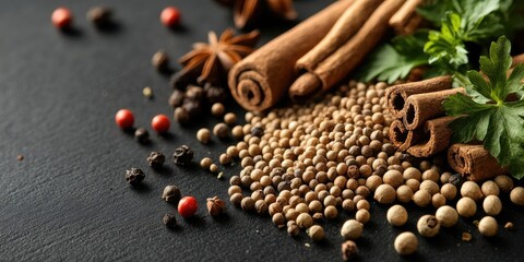 Poster - Coriander seeds, anise, pepper, and cinnamon seeds arranged on a black backdrop.