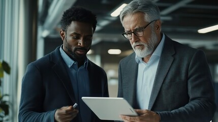 Poster - Seasoned businessman utilizes tablet, guiding younger colleague in a dynamic modern office, fostering collaborative discussions and knowledge exchange.
