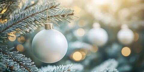 Aufkleber - White Christmas ornaments on fir branches with a blurred background.