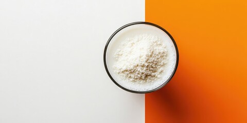 Aufkleber - Coconut milk in powder form mixed with water in a glass, lactose-free milk against an orange and white backdrop, vertical orientation, top view, copy space.