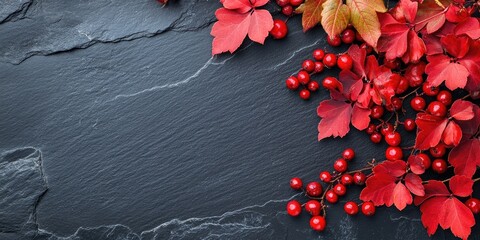 Canvas Print - Red viburnum and foliage on a black slate background with space for text.