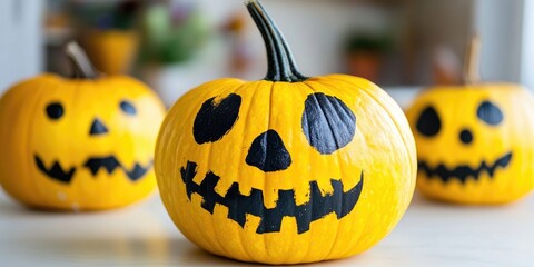 Poster - Close-up of yellow festive decorated pumpkins on a light background. Halloween theme.